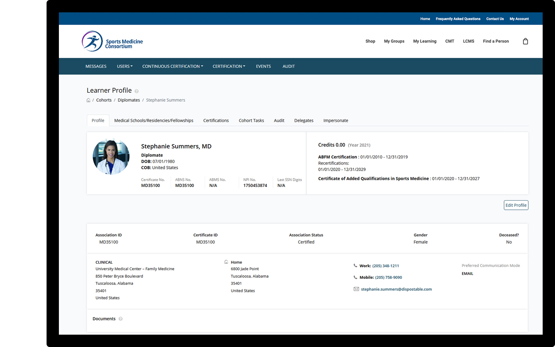 Screenshot Cont Cert Mgmt System Dashboard